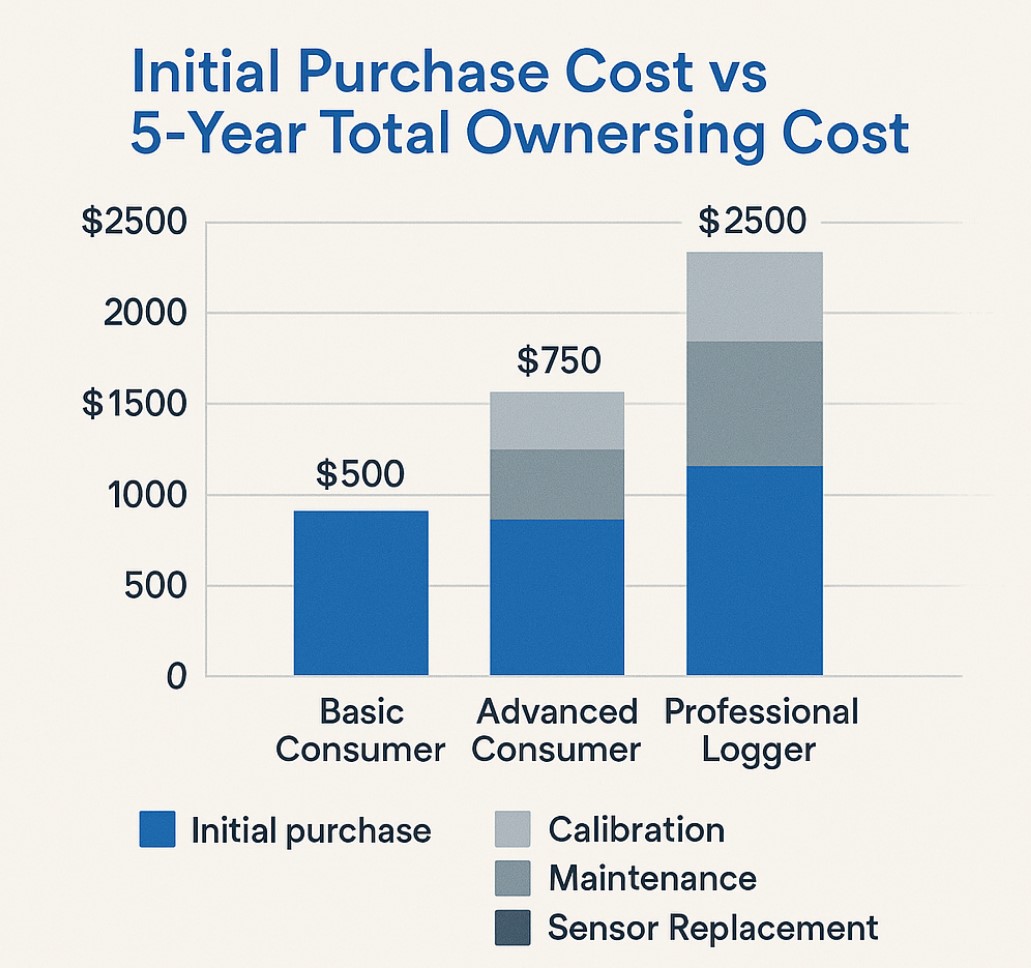 Detailed cost comparison chart showing initial purchase price versus 5-year total ownership costs for consumer monitors and professional data loggers in Canada