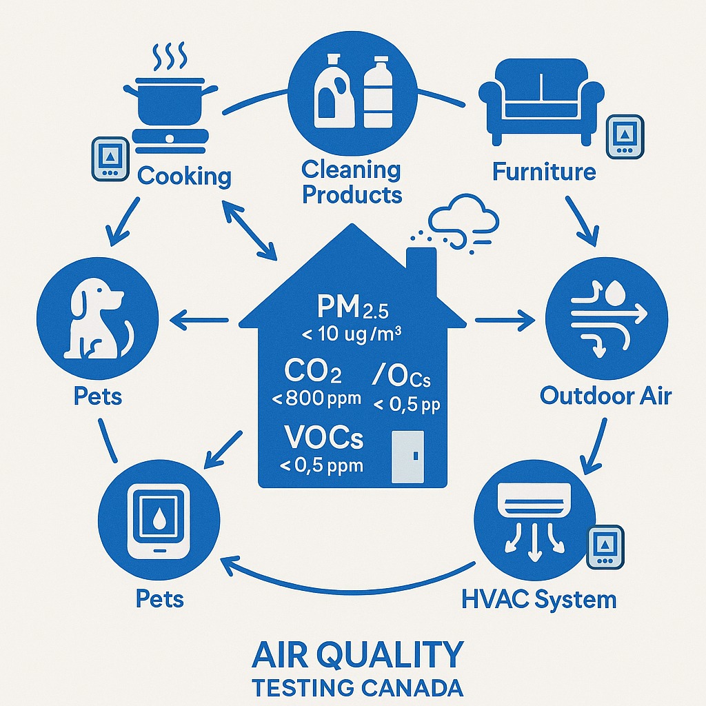 Comprehensive infographic showing indoor air pollutant sources including PM2.5, CO2, VOCs and their monitoring requirements for Canadian homes and businesses