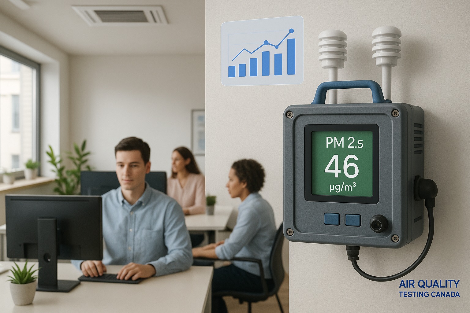 Professional indoor air quality monitoring setup in Canadian office environment showing wall-mounted data logger with real-time readings