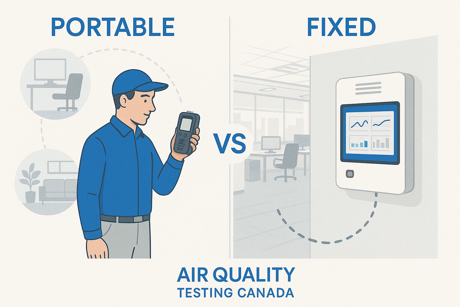 Side-by-side comparison of portable handheld air quality data logger versus wall-mounted fixed installation system for commercial and residential applications
