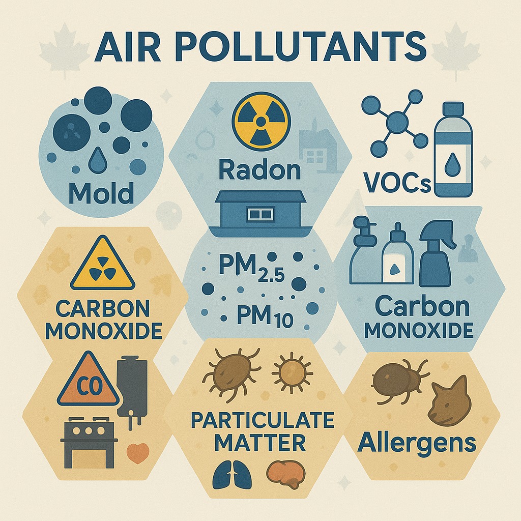 air quality pollutants types mold radon voc carbon monoxide testing guide infographic