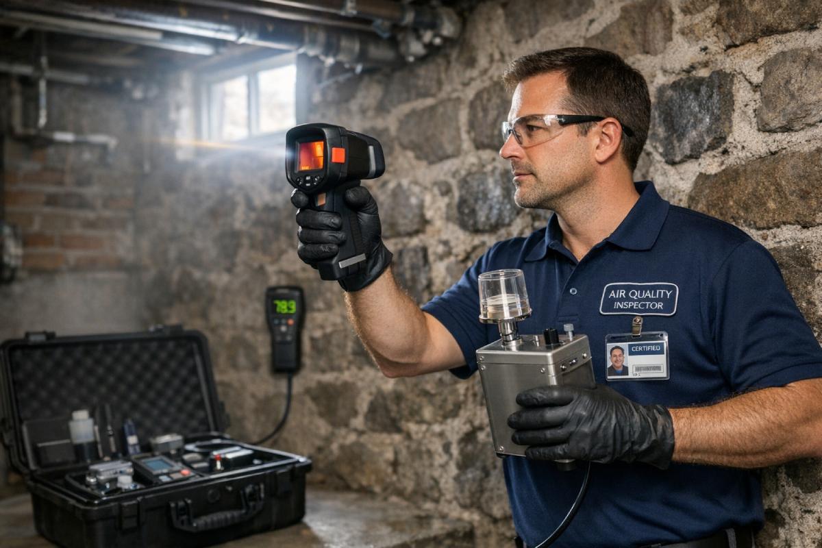 Inspecteur certifié avec une caméra thermique et une pompe d’échantillonnage d’air dans un sous-sol en pierre à Montréal