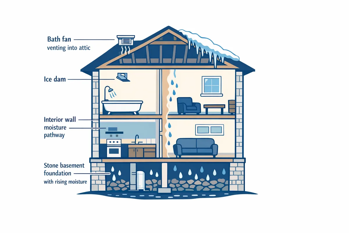 Cutaway diagram of a Kingston limestone home showing mold and moisture risk points - stone basement, bath fan venting into attic, ice dam, interior wall moisture pathway