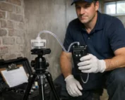IICRC-trained inspector taking an indoor air sample for mold in a Canadian basement using a Buck pump and Air-O-Cell spore-trap cassette