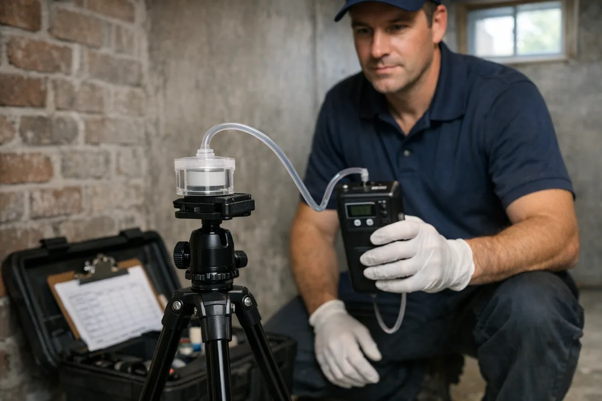 IICRC-trained inspector taking an indoor air sample for mold in a Canadian basement using a Buck pump and Air-O-Cell spore-trap cassette
