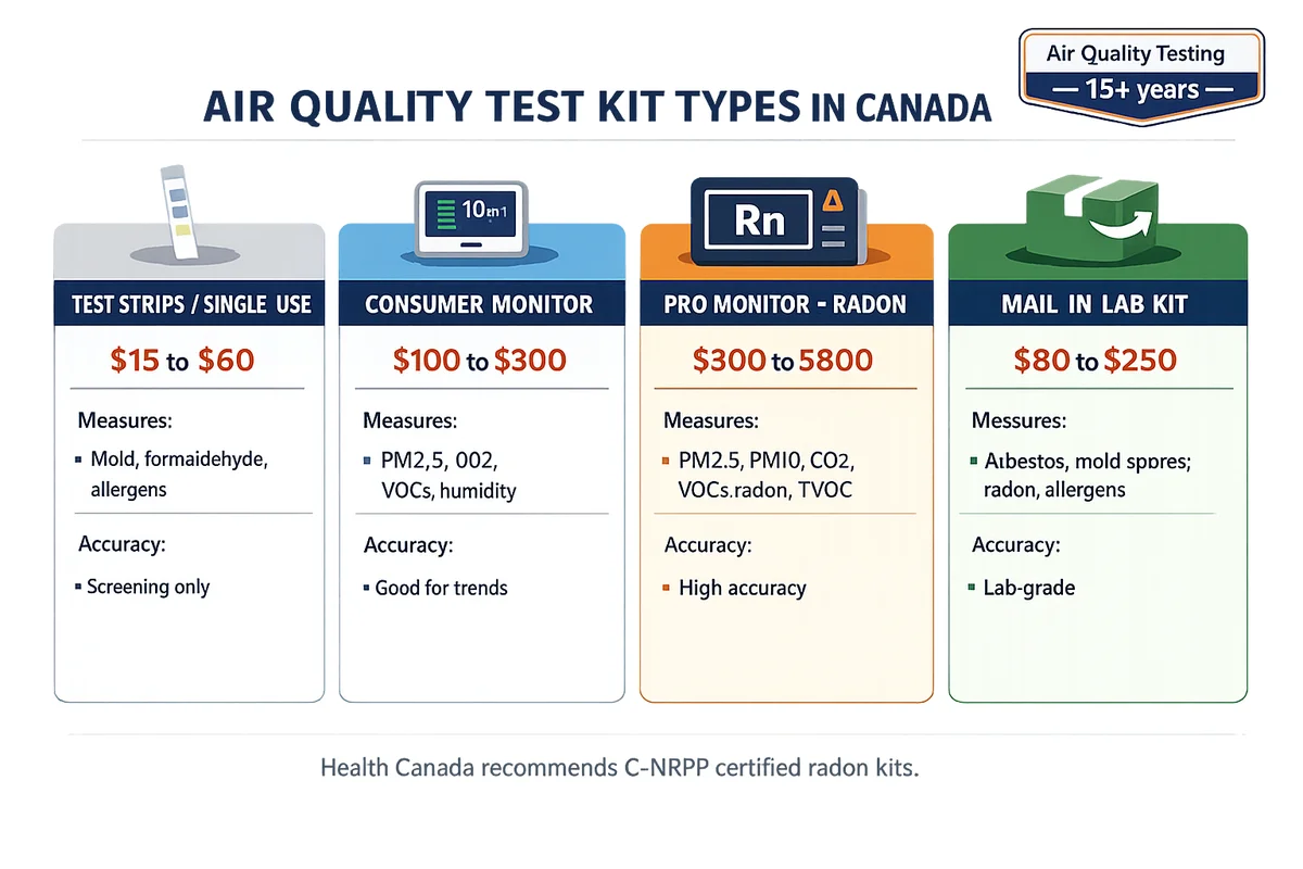 Comparison of four air quality test kit types in Canada with price ranges and what each measures