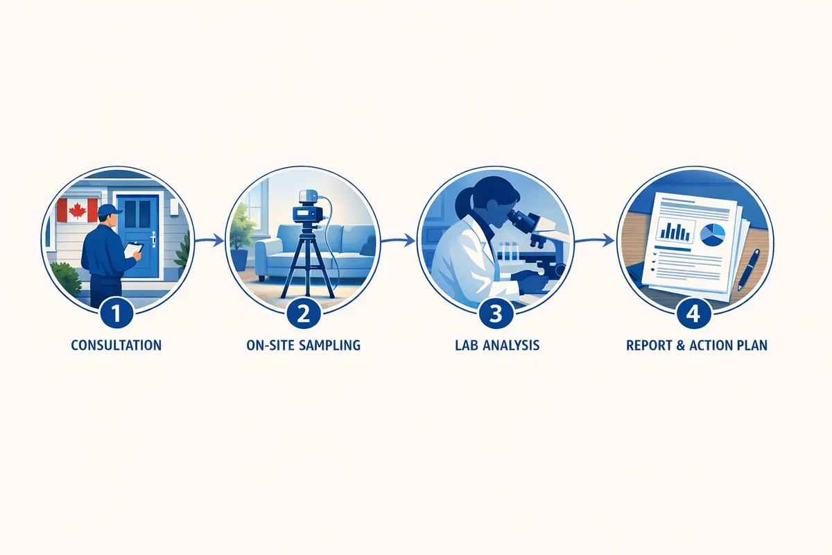 Four-step professional home air quality testing process — consultation, on-site air sampling, accredited Canadian lab analysis, and detailed written report.