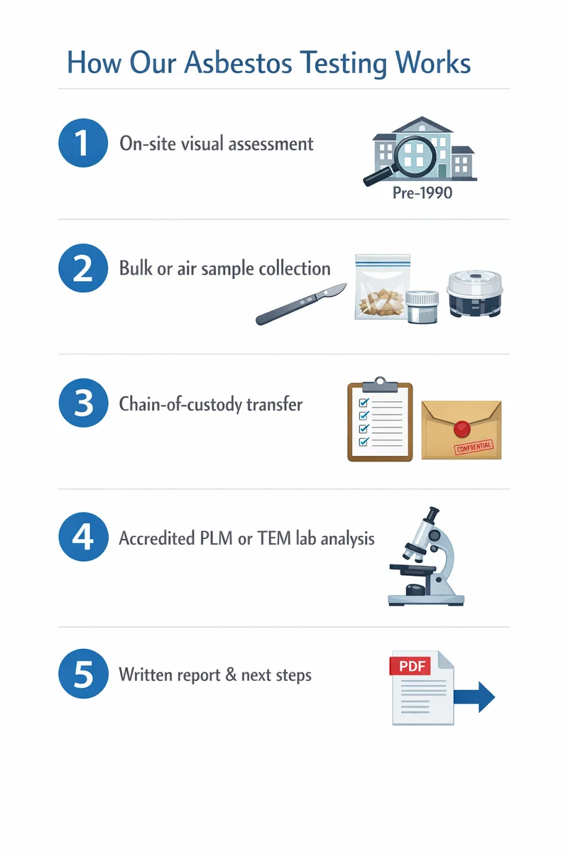 5-step asbestos testing process — assessment, sampling, chain of custody, accredited lab analysis, written report