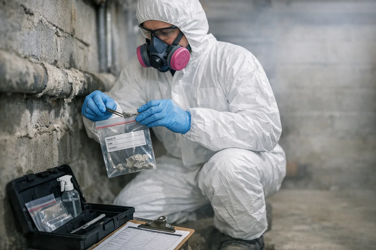 Inspecteur en combinaison de protection et masque respiratoire qui dépose un échantillon d’isolant de tuyau dans un sac étiqueté