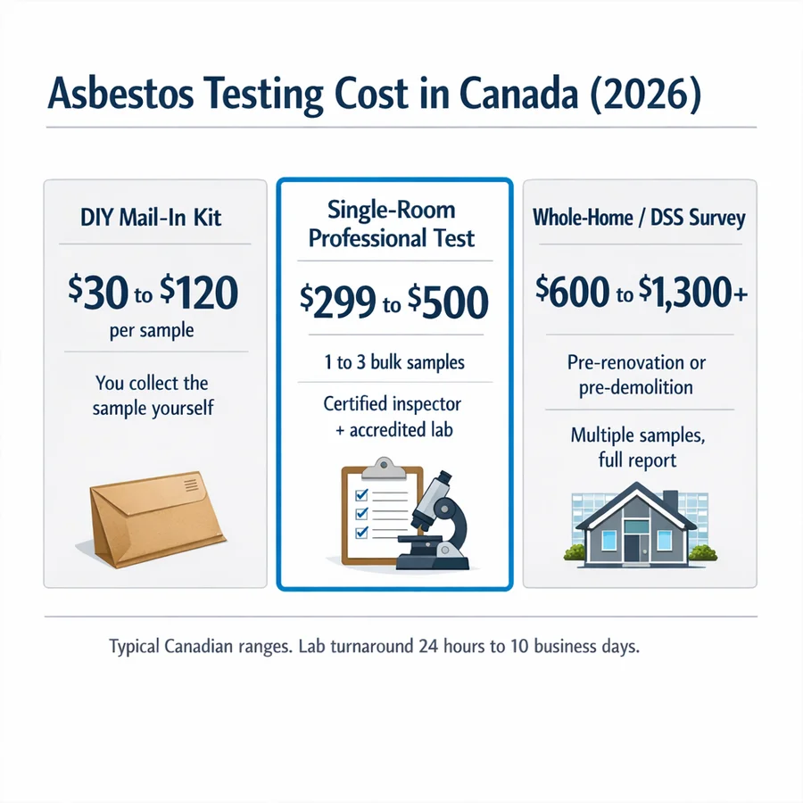 Asbestos testing cost in Canada 2026 comparison 2026 Canadian asbestos testing cost comparison — DIY $30 to $120, single-room $299 to $500, whole-home $600 to $1,300+