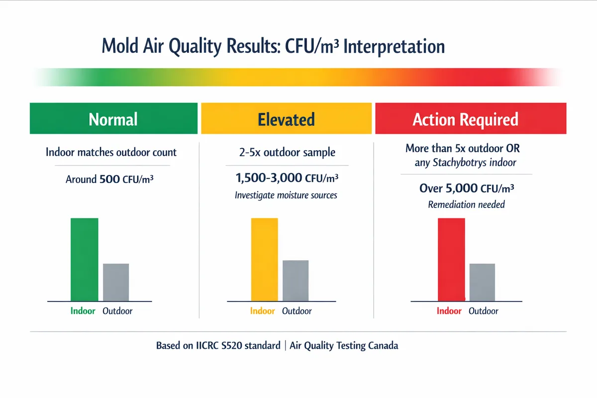 CFU/m3 interpretation chart for mold air quality testing - green normal zone (indoor matches outdoor), yellow elevated zone (2 to 5 times outdoor), red action-required zone (above 5 times outdoor or any Stachybotrys indoor)