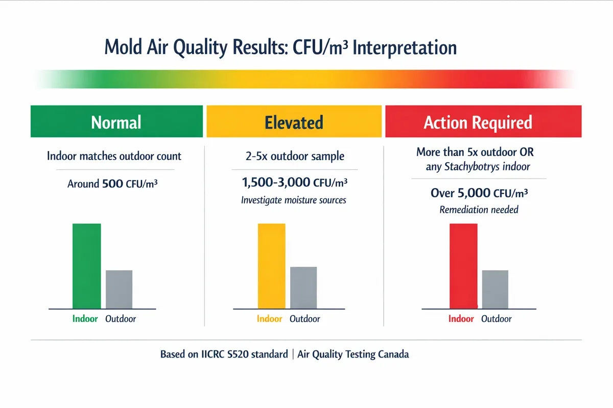 Chart showing normal, elevated, and action-required mold spore CFU/m3 bands compared against the outdoor baseline