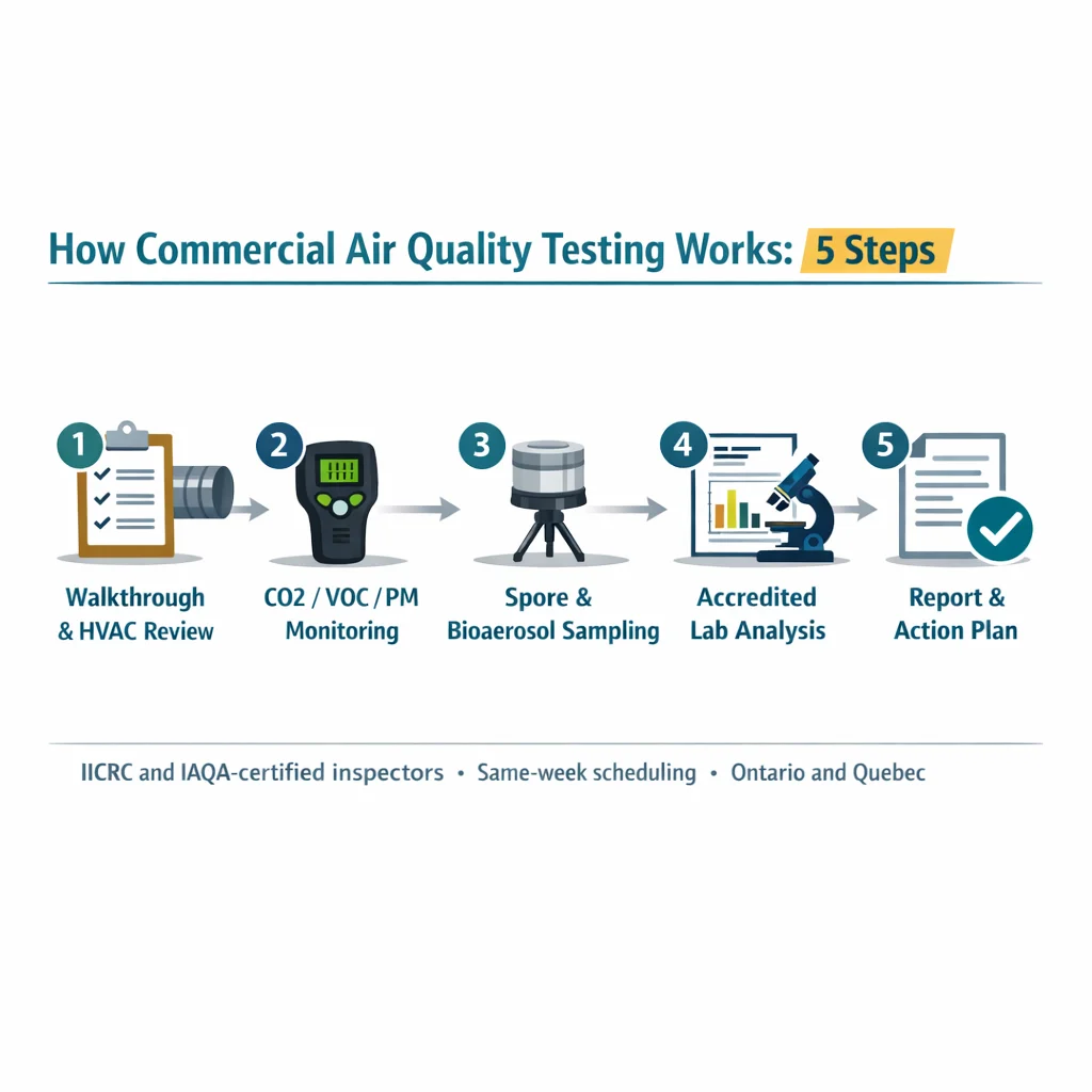 Five-step commercial air quality testing process: walkthrough and HVAC review, real-time CO2 VOC PM monitoring, spore and bioaerosol sampling, accredited lab analysis, written report and action plan