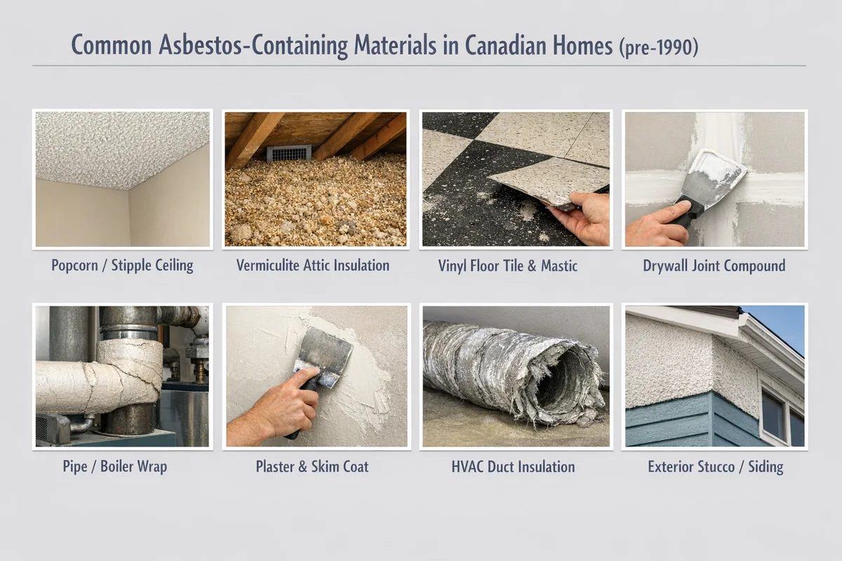Common asbestos-containing materials in Canadian homes Eight common asbestos-containing building materials found in pre-1990 Canadian homes
