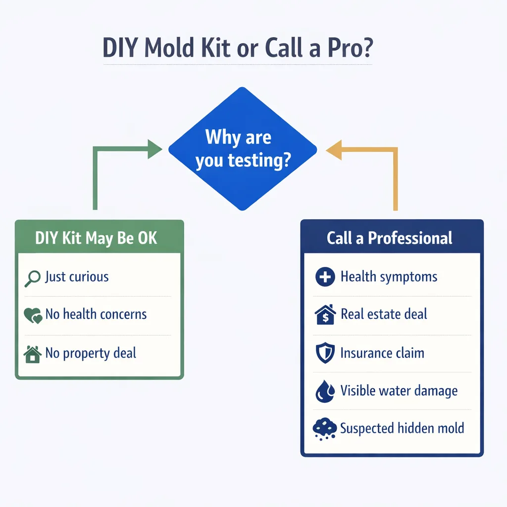 Decision guide showing when a DIY mold test kit is acceptable versus when to call a professional mold inspector in Ottawa