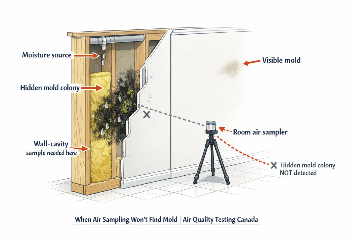 Drywall cutaway diagram showing visible mold on a wall surface and hidden mold growing inside the wall cavity, with an air sampler positioned in the room missing the hidden growth