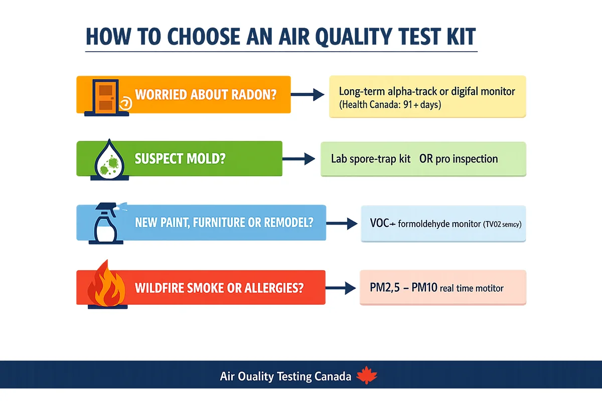 Decision tree showing how to choose an air quality test kit by concern: radon, mold, VOCs, or PM2.5 from wildfire smoke