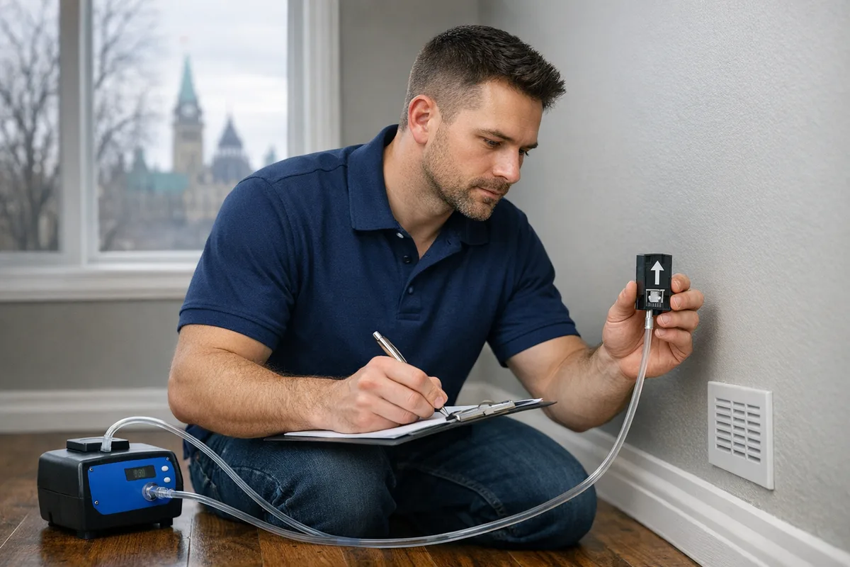 Indoor air quality testing in Ottawa – inspector with spore trap Certified indoor air quality inspector taking a spore trap air sample inside an Ottawa home