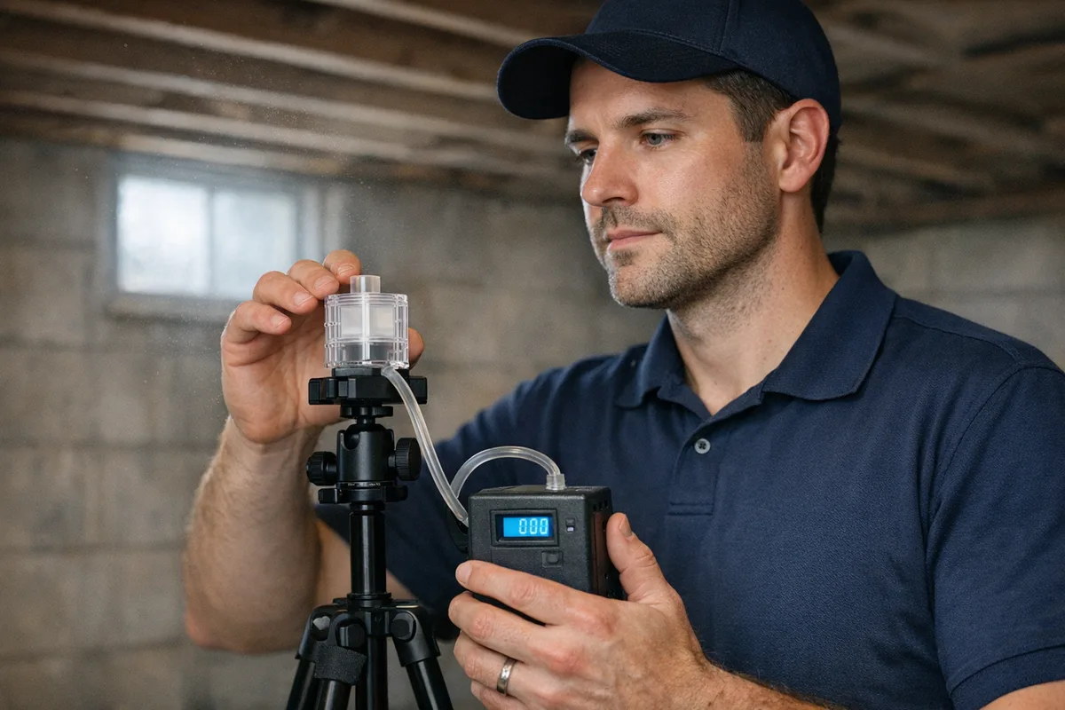 IICRC-certified inspector taking an indoor air sample for a mold inspection in an Ottawa home basement using a calibrated pump and spore-trap cassette