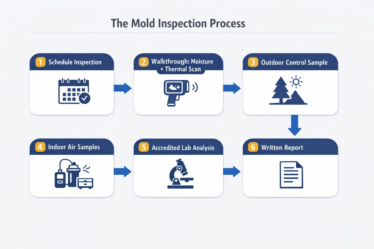 Six-step mold inspection process infographic for Ottawa from booking through final lab report
