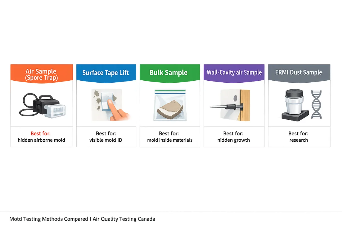 Mold testing methods compared - spore-trap air sample, surface tape lift, bulk sample, wall-cavity air sample, and ERMI dust sample with use cases and cost ranges