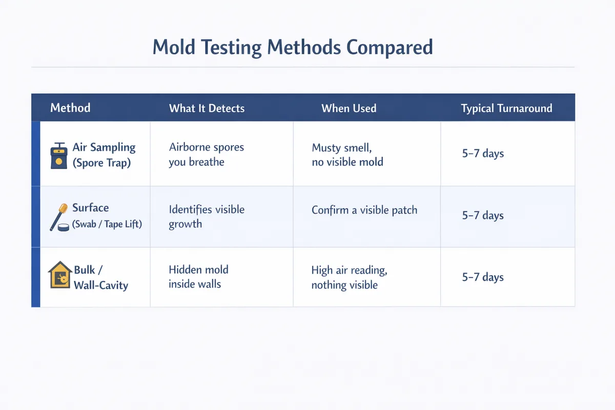 Comparison chart of mold testing methods in Ottawa showing spore-trap air sampling, surface swab and tape lift, and wall-cavity sampling with what each detects, when it is used, turnaround, and cost