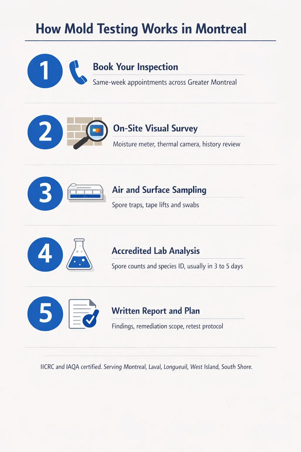 Infographic showing the 5-step mold testing process in Montreal: book inspection, visual survey, air and surface sampling, accredited lab analysis, written report and plan