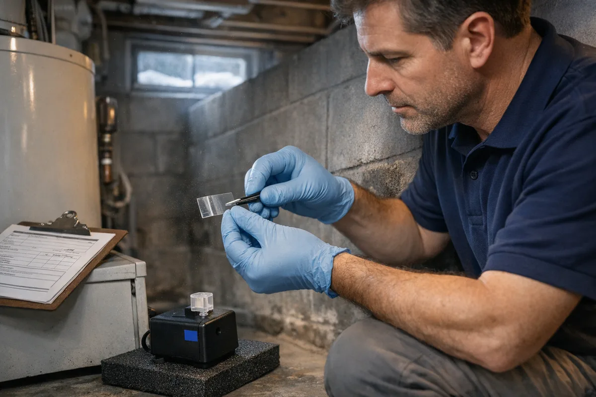 Mold testing technician collecting a tape-lift surface sample from a cinder-block wall in a Montreal basement with a spore-trap pump beside him