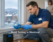 Certified mold testing inspector collecting an air sample with a spore-trap pump beside a window in a Montreal home, snowy Plateau-Mont-Royal rooftops in the background