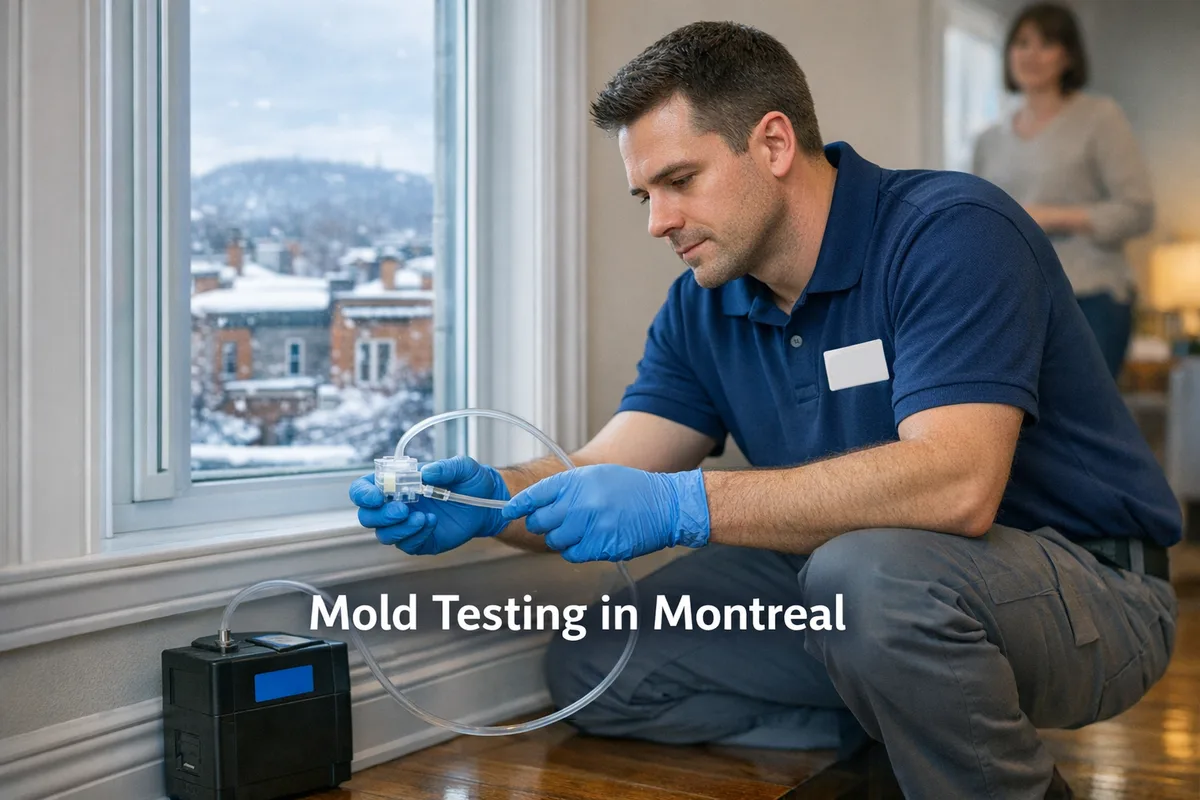 Mold Testing Montreal Inspector Hero 2026 Certified mold testing inspector collecting an air sample with a spore-trap pump beside a window in a Montreal home, snowy Plateau-Mont-Royal rooftops in the background