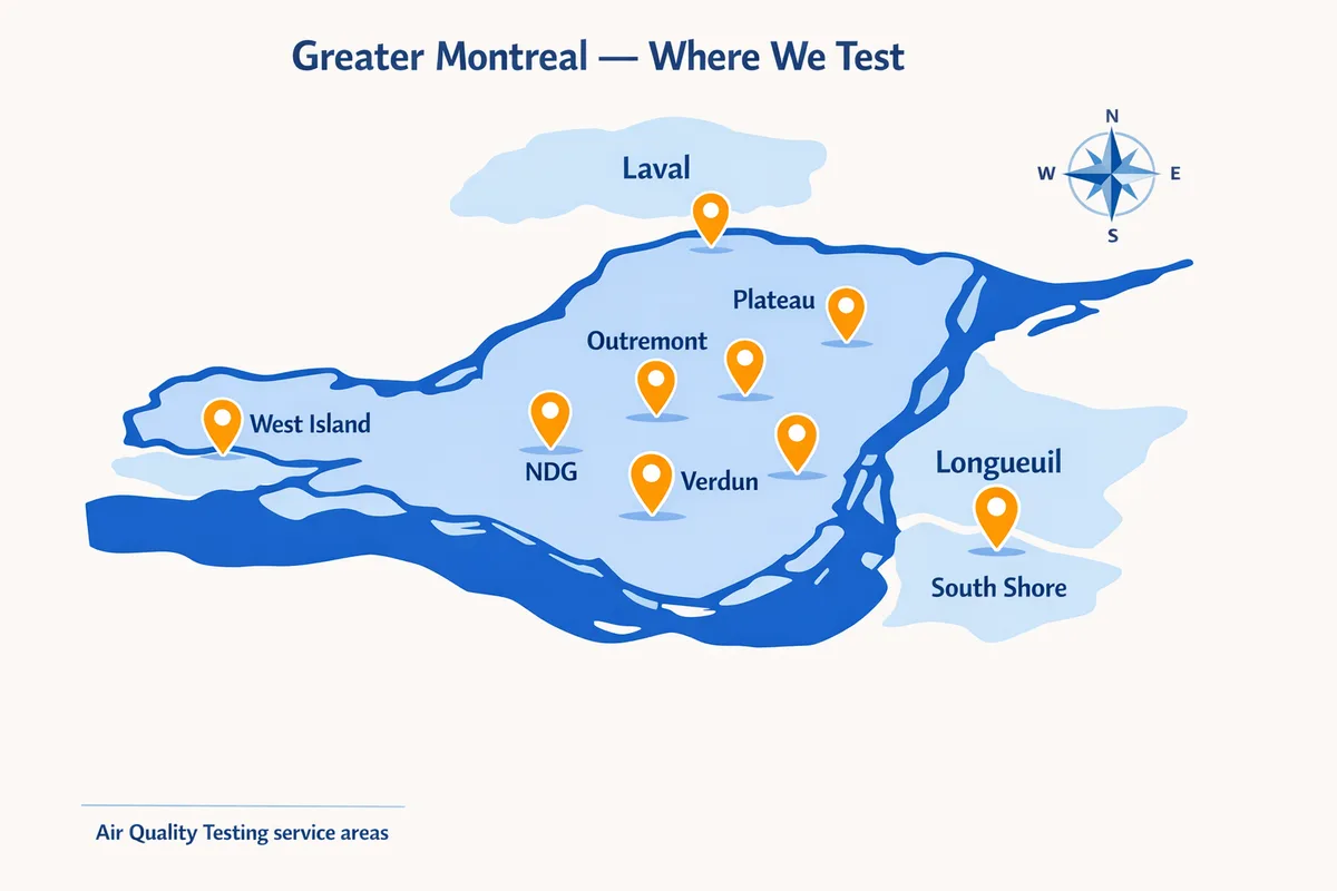 Greater Montreal Air Quality Testing Service Areas Map Greater Montreal service area for air quality testing: Montreal Island, Laval, Longueuil, West Island, South Shore