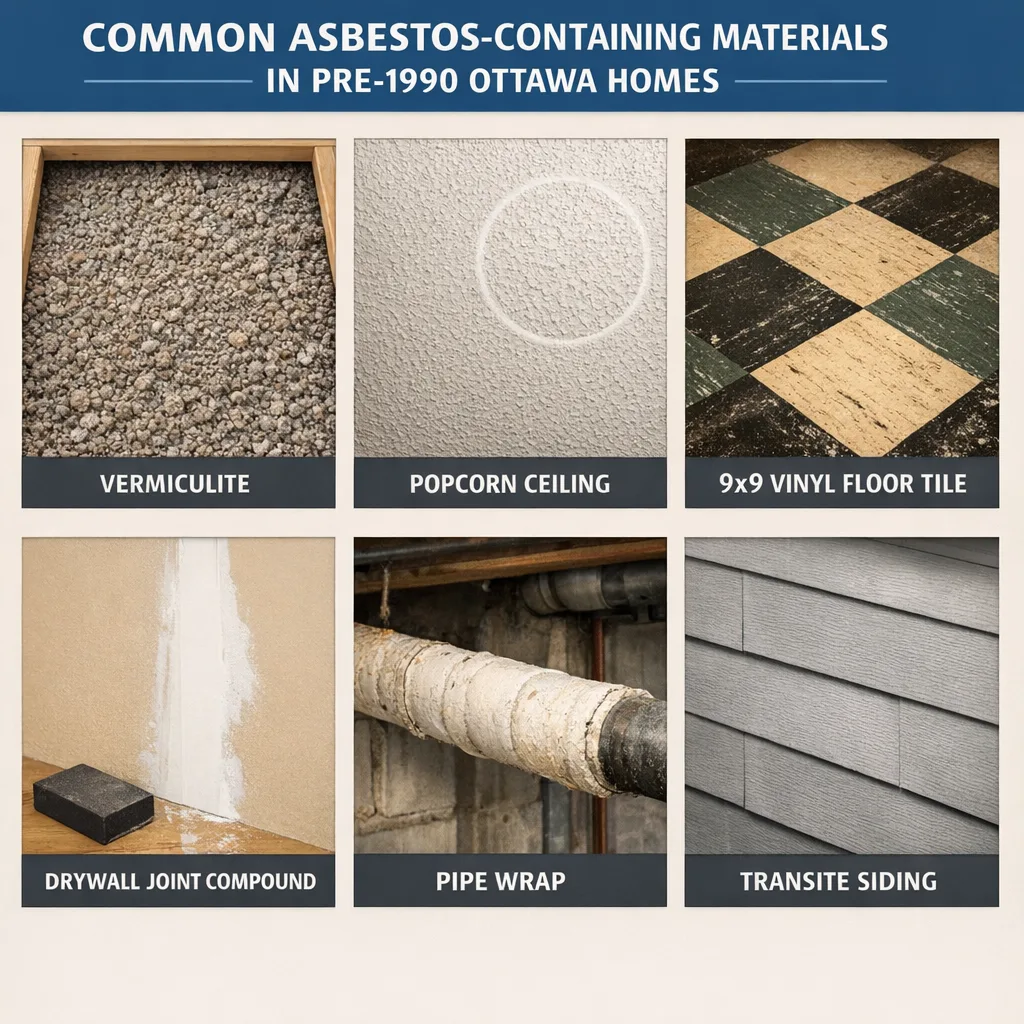Six common asbestos-containing materials in pre-1990 Ottawa homes: vermiculite, popcorn ceiling, 9-inch vinyl floor tile, drywall joint compound, pipe wrap, transite siding