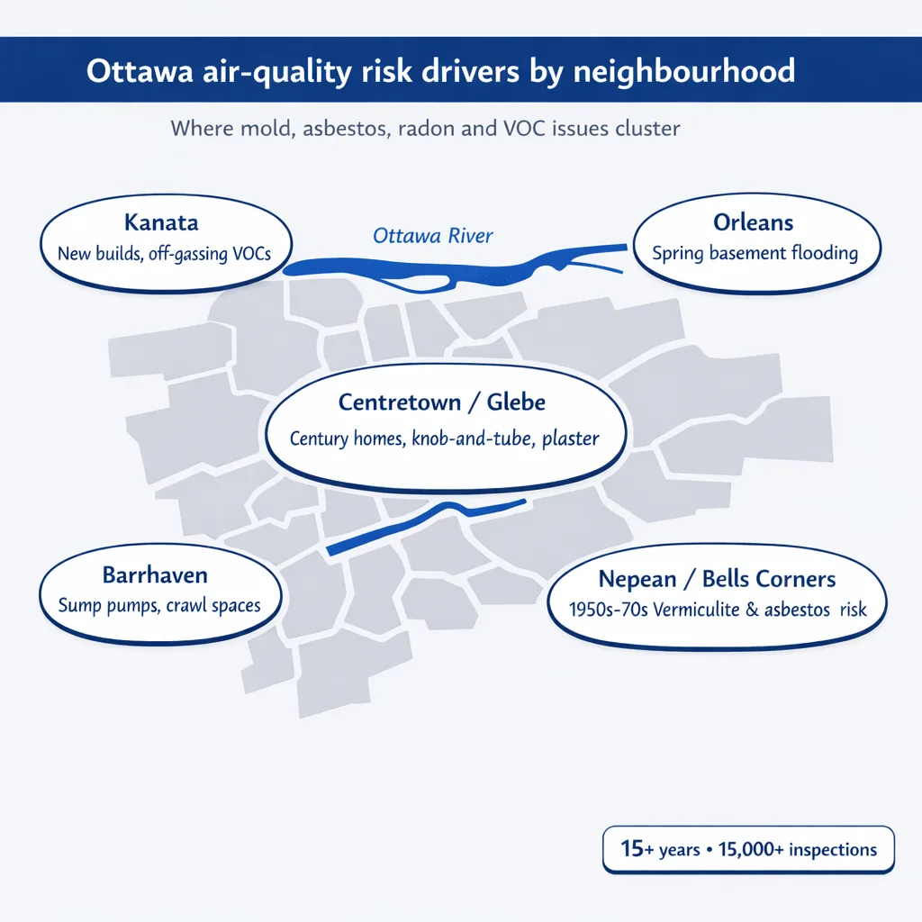 Infographic mapping Ottawa neighbourhood air quality risk drivers: Kanata VOCs, Orleans spring flooding, Centretown century homes, Barrhaven crawl spaces, Nepean asbestos