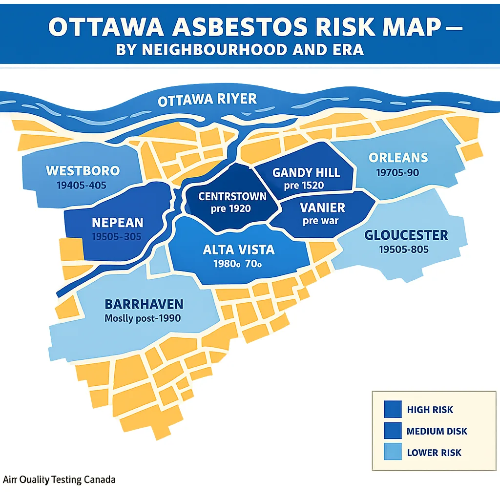 Stylized risk map of Ottawa neighbourhoods by construction era: Centretown century homes, Vanier pre-war, Gloucester 1960s-70s, Kanata 1980s, asbestos exposure patterns