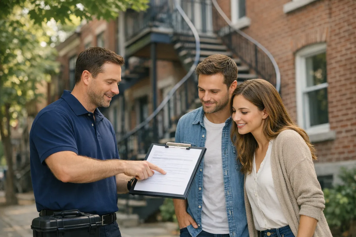 Pre-Purchase Air Quality Testing for Montreal Real Estate Pre-purchase indoor air quality inspection for a Montreal home buyer reviewing the inspector's report