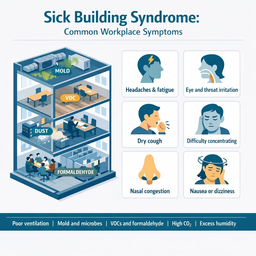 Infographic showing common sick building syndrome symptoms in office workers and the five most common workplace causes