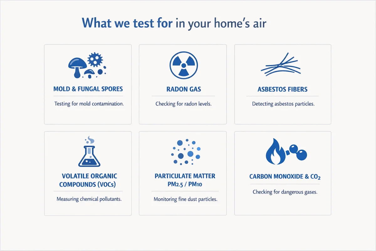 Six categories of indoor air pollutants tested in a residential air quality assessment in Canada — mold spores, radon gas, asbestos fibres, volatile organic compounds, particulate matter, and carbon monoxide / carbon dioxide.