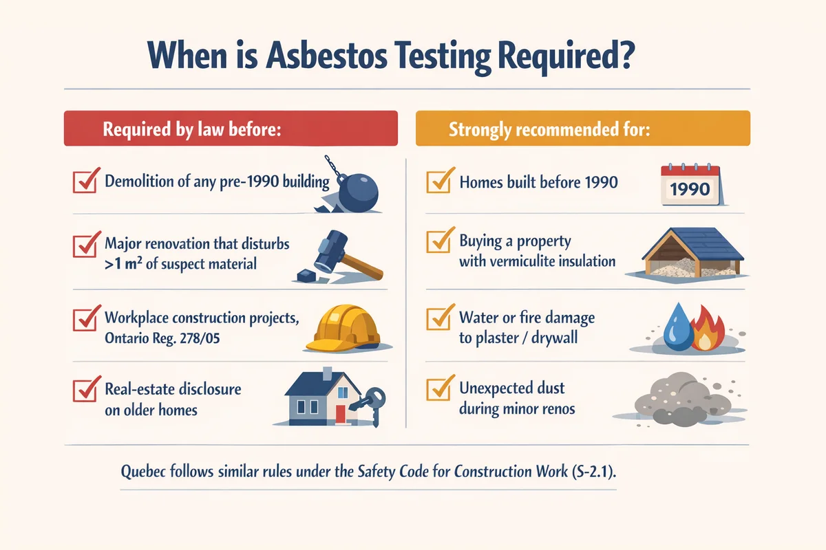 When asbestos testing is required in Ontario and Quebec When asbestos testing is legally required vs strongly recommended in Ontario and Quebec