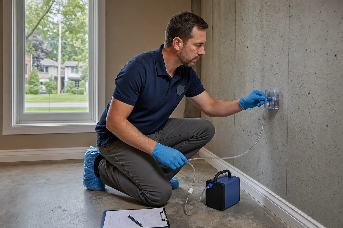 IICRC-certified inspector taking a mold air sample in an Orleans Ottawa basement