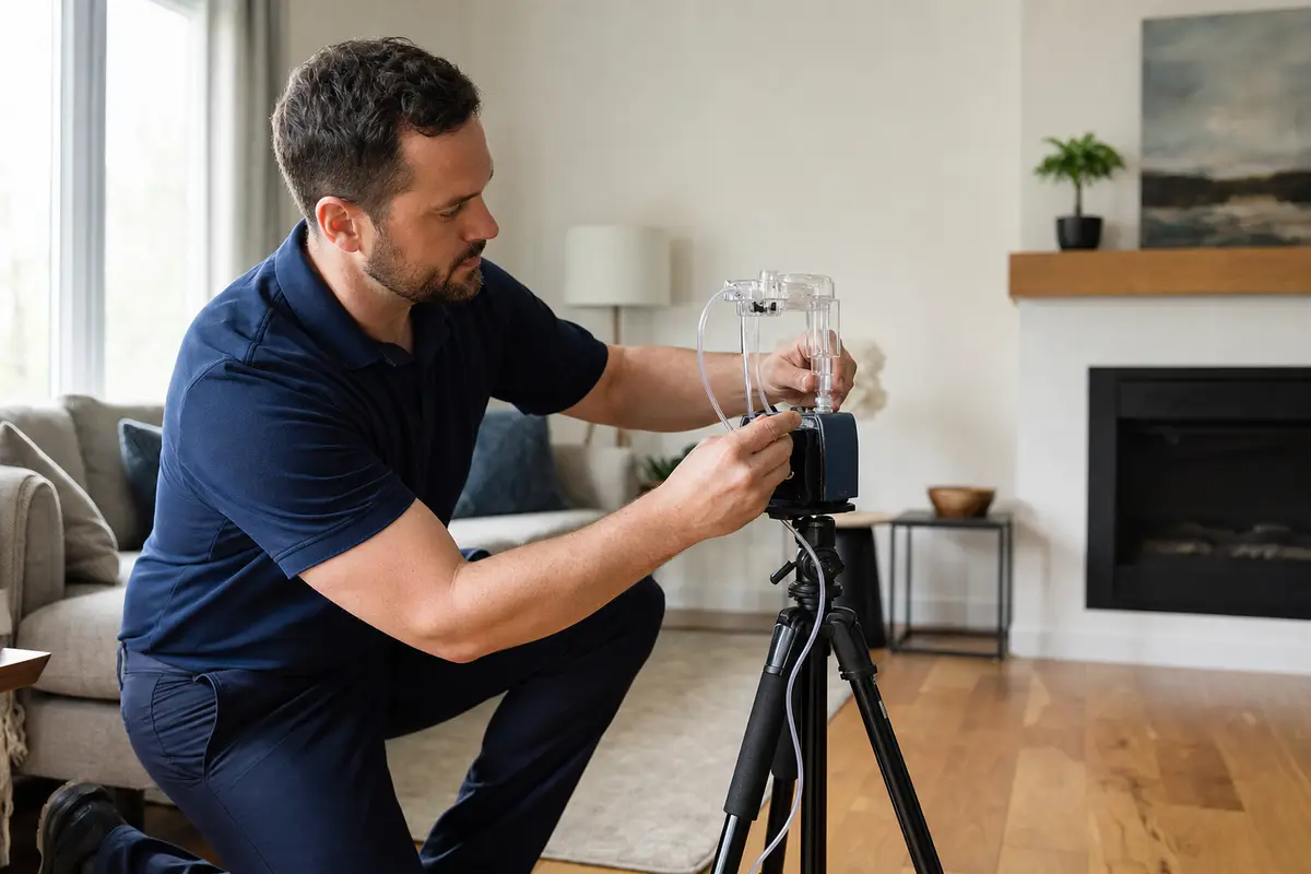 Air quality inspector setting up an air sampling pump and cassette during a home test in Canada