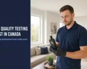 Certified air quality inspector taking a reading in a Canadian home with the title air quality testing cost in Canada
