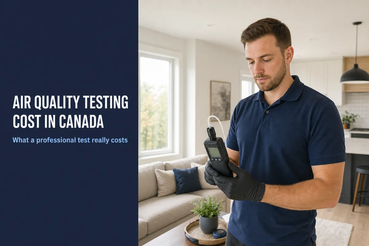 Air Quality Testing Cost in Canada Certified air quality inspector taking a reading in a Canadian home with the title air quality testing cost in Canada