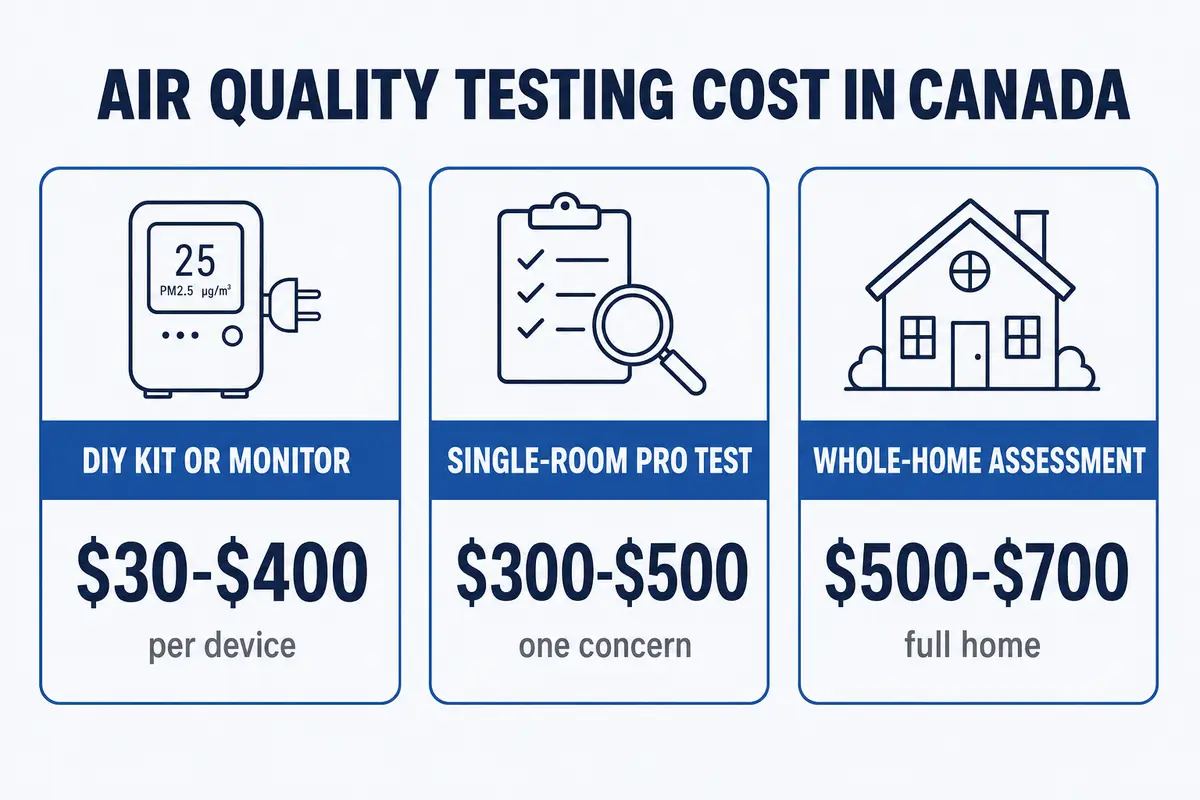 Air quality testing cost in Canada: DIY kit or monitor 30 to 400 dollars, single-room pro test 300 to 500, whole-home assessment 500 to 700