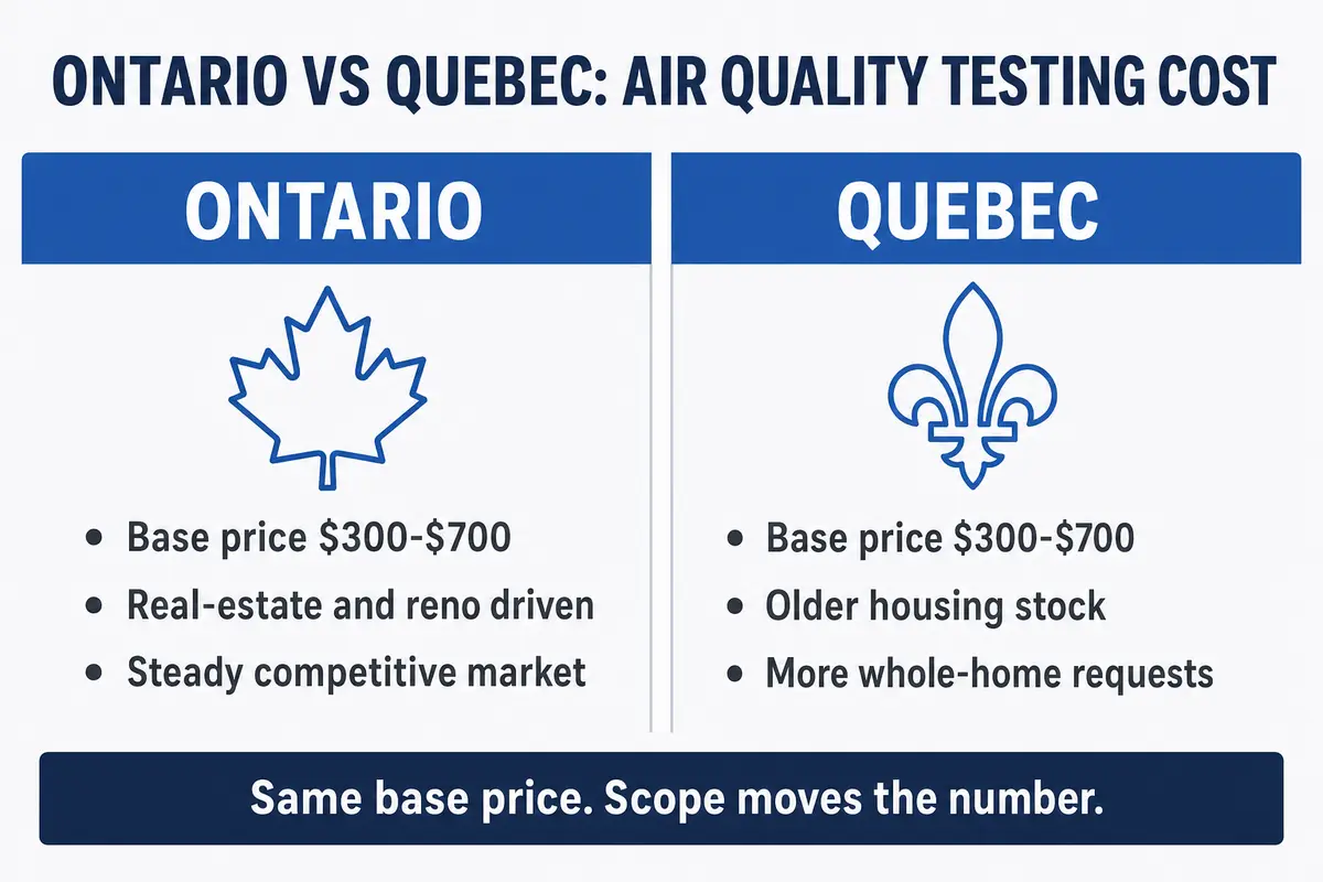 Air quality testing cost Ontario vs Quebec: similar base price 300 to 700 dollars, scope differs by project type and market