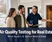 Air quality inspector showing test results to home buyers during a real estate transaction in Canada