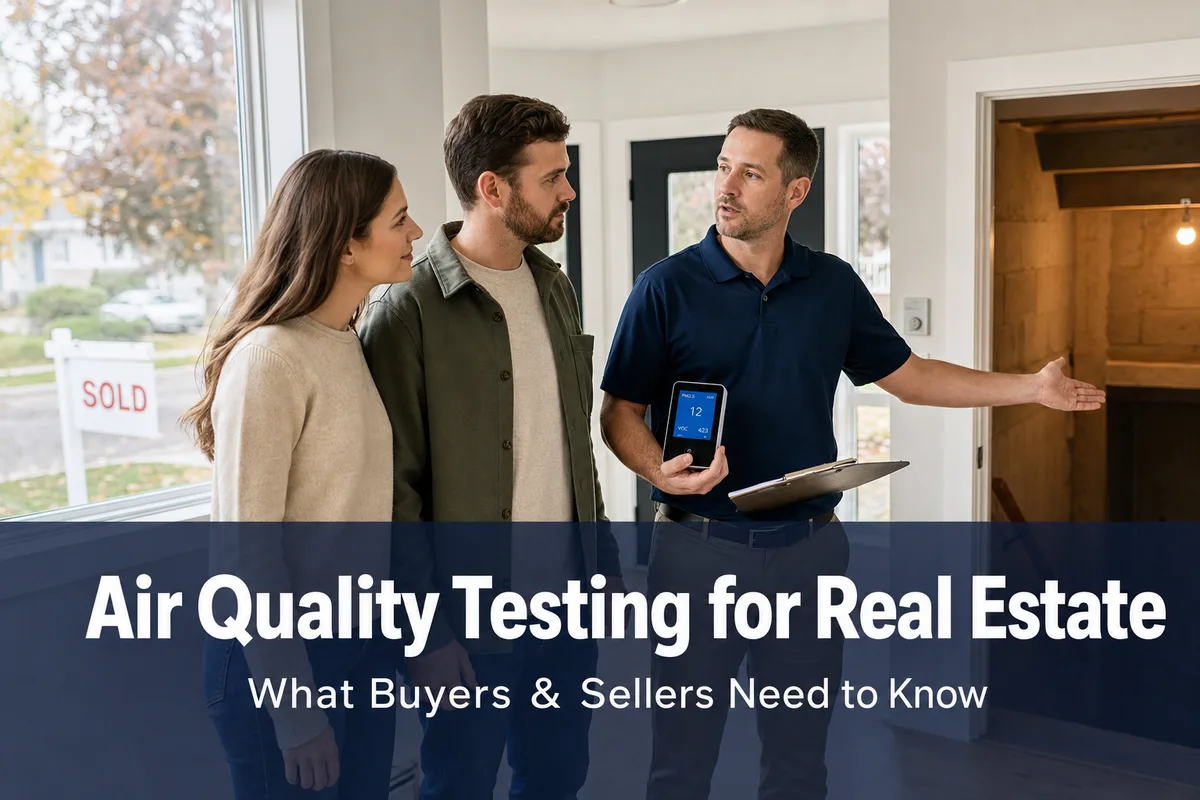 Air Quality Testing for Real Estate Air quality inspector showing test results to home buyers during a real estate transaction in Canada