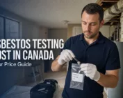 Certified inspector taking an asbestos sample from basement pipe insulation in a Canadian home for cost testing