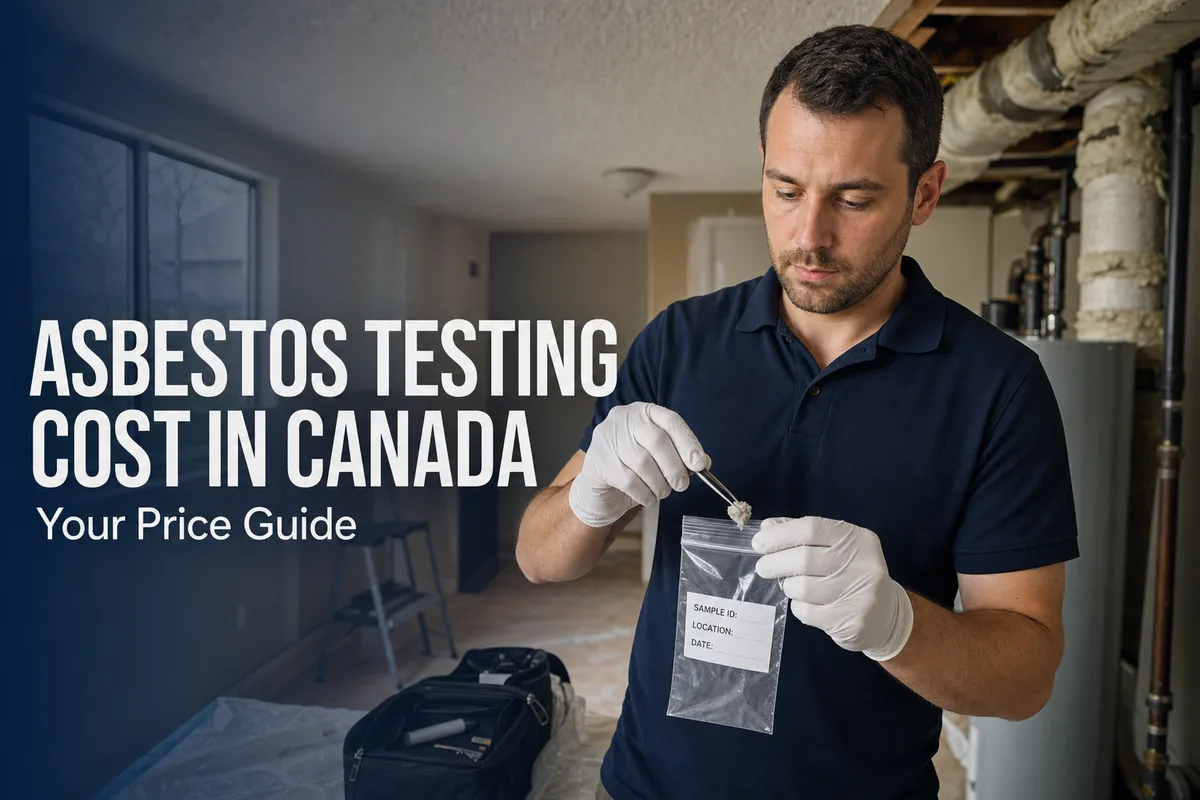 Asbestos Testing Cost in Canada Hero Certified inspector taking an asbestos sample from basement pipe insulation in a Canadian home for cost testing