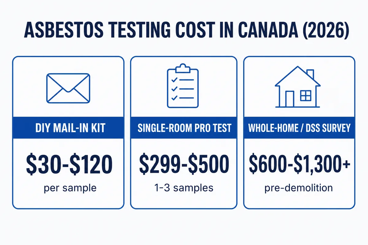 Asbestos testing cost in Canada 2026: DIY kit 30 to 120 dollars, single-room pro test 299 to 500, whole-home survey 600 to 1300 plus