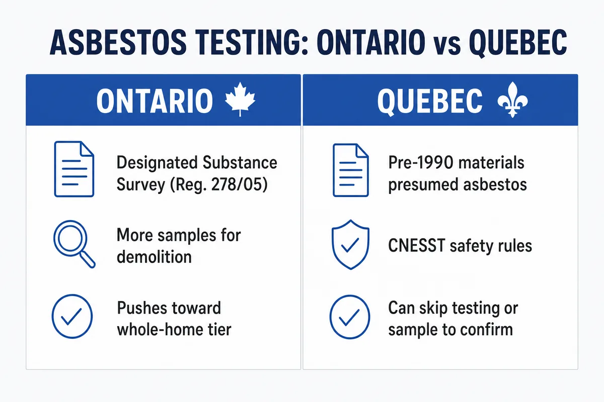 Asbestos testing Ontario vs Quebec: Ontario designated substance survey Reg 278/05 vs Quebec CNESST presumed-asbestos rules
